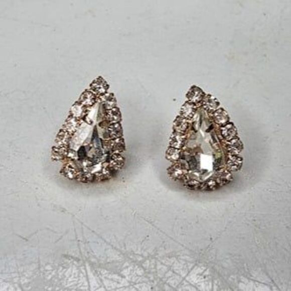 Rose Gold Teardrop Halo Rhinestone Tennis Necklace and Earring Jewelry Set 18"L - Picture 4 of 6